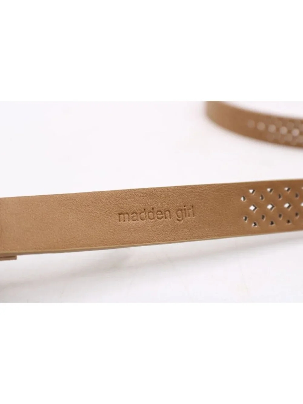 Madden Girl Size Small Tan Laser Belt Engraved Silver-Tone Buckle Western Dress